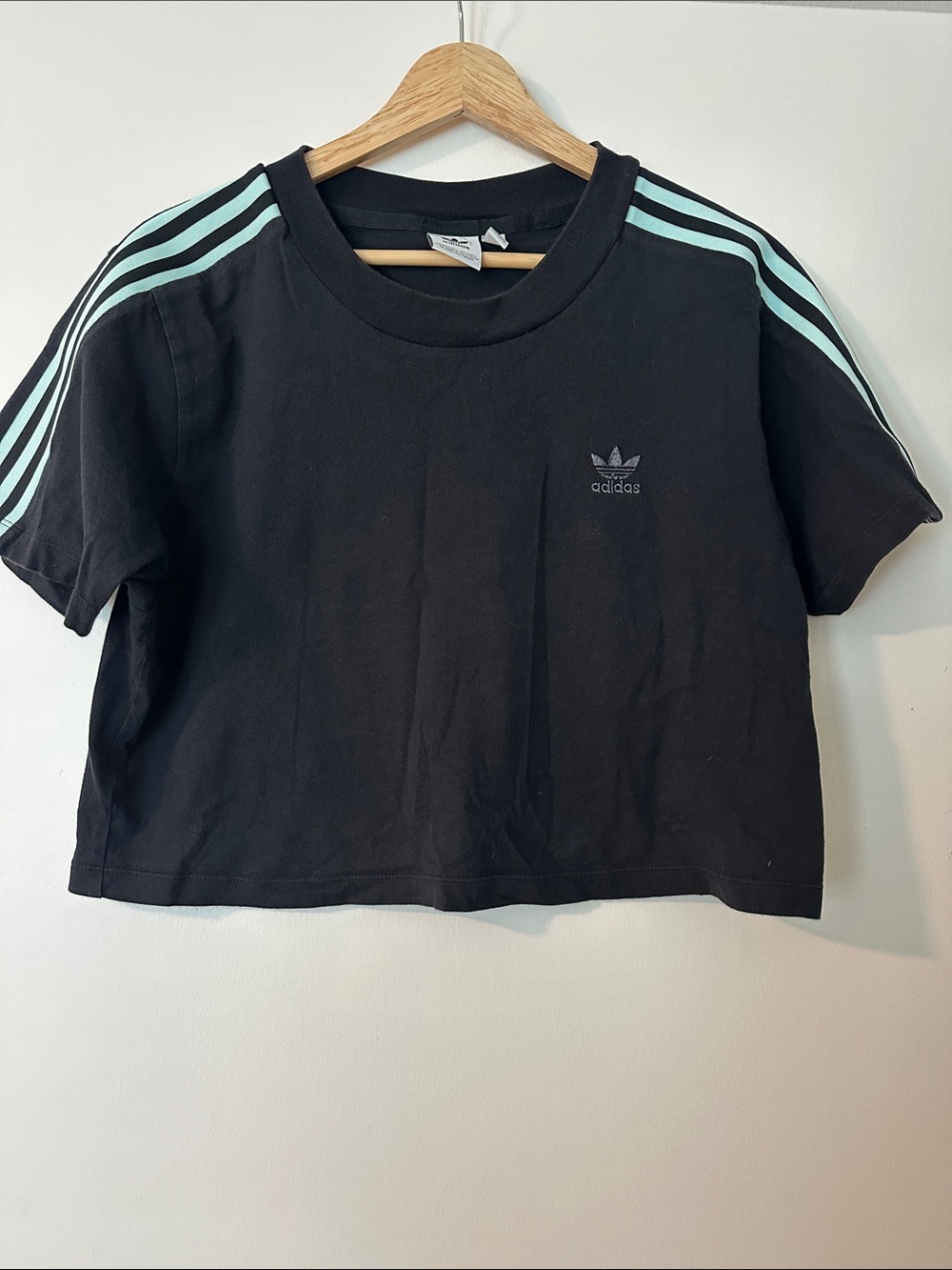 adidas Black Cropped Tee with teal blue Shoulder Stripes